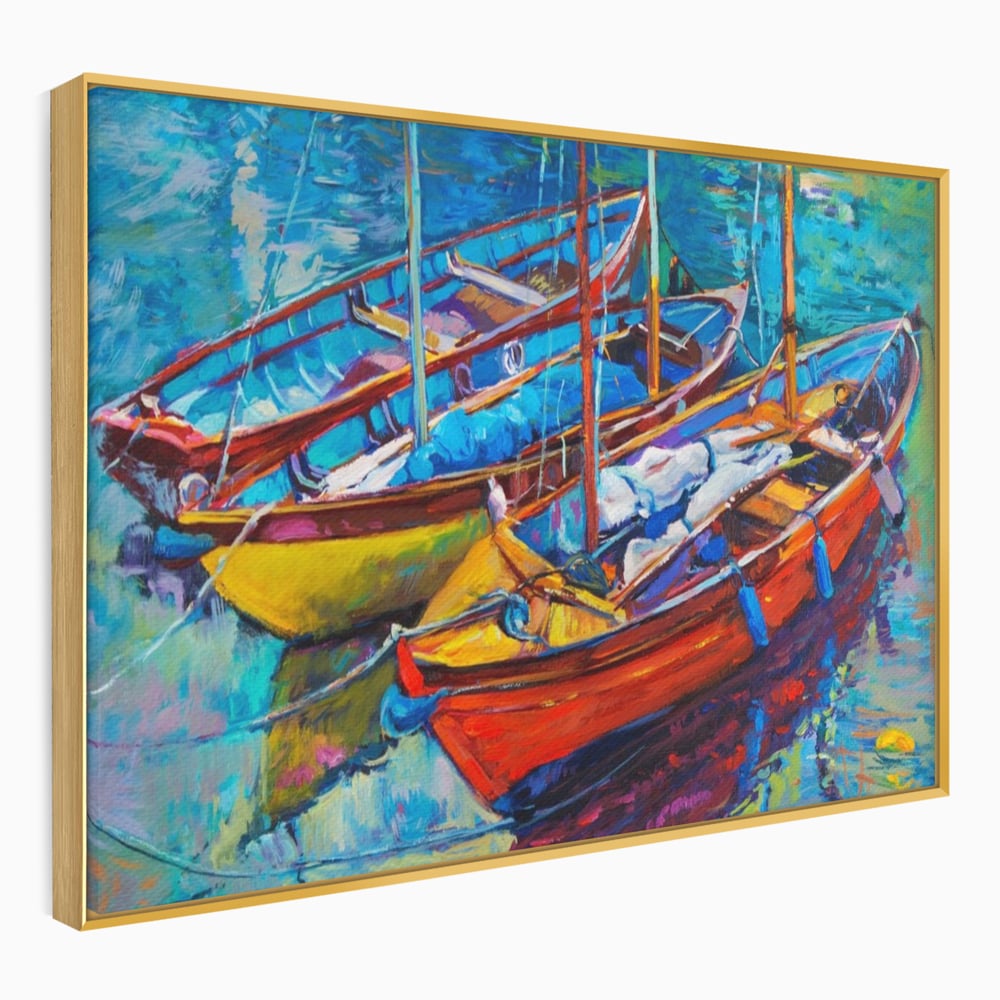 Tablou canvas cu tablou canvas cu barci in port, in rama de aluminiu auriu